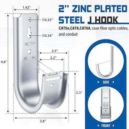 48 Pack 2-Inch Galvanized Steel Cable Support J-Hook with Retainer Clips - 48 Pack - Efficient Cable Management & Organization Solution | Efficient Cable Management & Organization Solution, for Data Centers, Conduit, Cable, Coaxial & Fiber Optic Wires