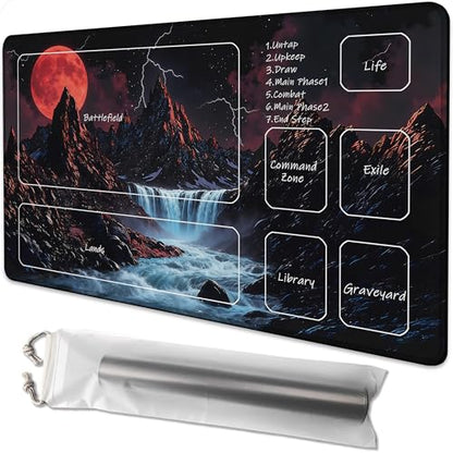 for MTG Playmat 24 x 14 Inches Sunset Mountains Streams Magic Play Mat Card Game Mat for Magic The Gathering TCG PTCG Playmat with Free Storage Bags Non-Slip Backing and Stitched Edge - color: Sunset Mountains Streams With Zones
