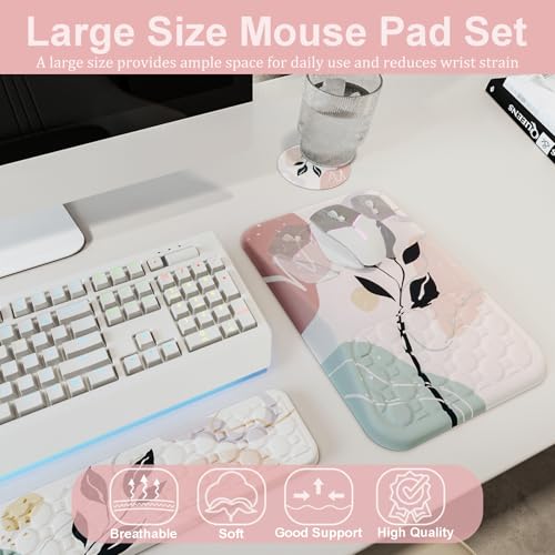 Ospelelf Mouse Pad with Wrist Rest and Keyboard Wrist Rest, Ergonomic Wrist Rest for Computer, Office, Gaming, Pink - color: Pink Plant