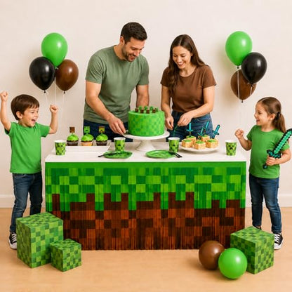Pixel Video Game Party Table Skirts, 4 Pack Green Brown Foil Fringe Table Skirt Decorations for Boys Birthday, Block Theme Gaming Party Table Decor Photo Booth Props - size: 4pcs 29.5 x 108 Inch