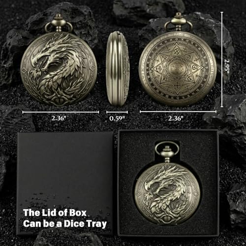 D&D Dice Set, 7PCS mini Dice with Pocket Watch Case, Easy-to-Read Colored Numbers, Dungeons and Dragons RPG Game Dice Set with Watch Shell, Dragon Design Bronze - color: Mini Dice Bronze