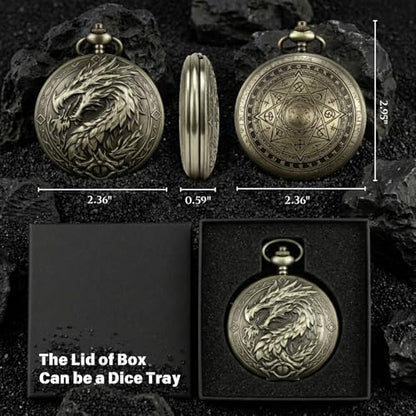 D&D Dice Set, 7PCS mini Dice with Pocket Watch Case, Easy-to-Read Colored Numbers, Dungeons and Dragons RPG Game Dice Set with Watch Shell, Dragon Design Bronze - color: Mini Dice Bronze