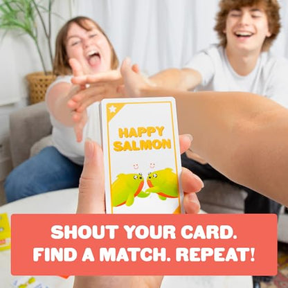 Exploding Kittens Happy Salmon Matching Card Game, 3-8 Players, Ages 6+ | Frantically shout your actions, find a matching player, complete the action, and discard your card. Fast 90-second travel fun
