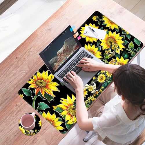 Mouse Pad,Large Desk Mat Set, 4in1 XL Mousepad + Keyboard Wrist Rest+Mouse Wrist Rest+Coaster with Ergonomic Desk Pad for Home Office Table Computer Cover -Elephant with Sunflowers - color: Elephant with Sunflowers