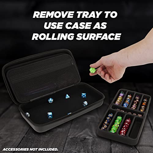 CASEMATIX Dice Box and Card Case for 9 Sets of RPG Dice, Spell Cards, Counters and Other Accessories - Hard Shell Dice Holder with Embossed Dragon Design, Carry Handle and Dice Tray Functionality