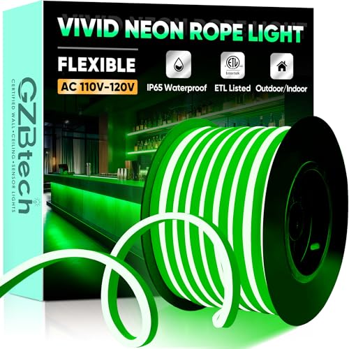 GZBtech Flexible LED Neon Rope Lights 66FT,AC 110-120V Waterproof Strip Light, 120 LEDs/M Cuttable Connectable Neon Lighting for Indoor Outdoor Home Decor/Commercial Building Use-Green 20M, ETL Listed - color: Green, size: 66FT