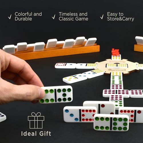Queensell Mexican Train Dominoes Set with Wooden Hub, Domino Tile Board Games - Double 12 Dominos Set for Family Game Night for Adults and Kids Ages 8 and up (Double 12) - style: Double 12