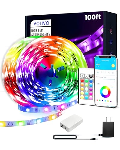 VOLIVO 100FT LED Strip Lights for Bedroom RGB Color Changing | 24-Key IR Remote Control, Smart App Control, Music Sync, Room Home Decor Lighting - size: 100 ft