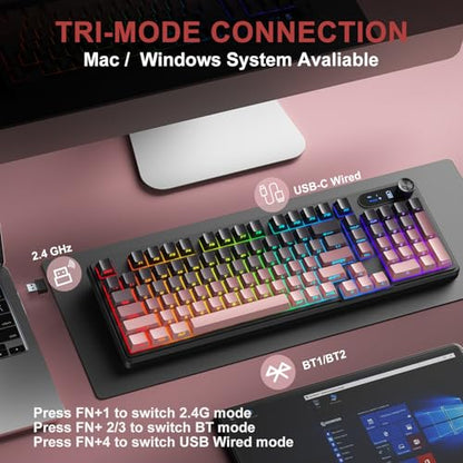 BlueFinger Wireless Gaming Keyboard, RGB Backlit, Tri-Mode Bluetooth/2.4G/USB-C, 98 Keys Quiet Keyboard with Number Pad, Volume Knob & Screen, Side Printed PBT Keycaps for PC/Mac/Laptop - style: Wireless Keyboard
