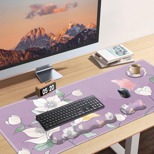 AIMSA Flower Desk Mat, Purple Mouse Pad with Wrist Rest Set, XXL Mousepad+Keyboard Wrist Rest+Mouse Pad Wrist Support+Coaster for Home Office Accessories - color: Purple Flowers
