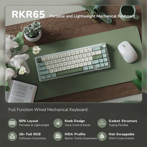 RK ROYAL KLUDGE R65 Wired Mechanical Keyboard, 60% Percent Creamy Gaming Keyboard Gasket Mount RGB Backlit with Programmable Knob, MDA Profile PBT Keycaps, QMK/VIA, Hot Swappable Linear Switch, Cyan - color: Cyan