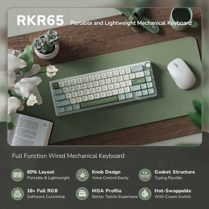 RK ROYAL KLUDGE R65 Wired Mechanical Keyboard, 60% Percent Creamy Gaming Keyboard Gasket Mount RGB Backlit with Programmable Knob, MDA Profile PBT Keycaps, QMK/VIA, Hot Swappable Linear Switch, Cyan - color: Cyan