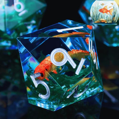 Moss and Koi Fish DND Dice Set - 7Pcs Sharp Edge Resin Polyhedral Game Dice for D&D RPG - Includes D20, D12, D10, D8, D6, D4 - Moss Agate Fish Design(Blue) - color: Blue