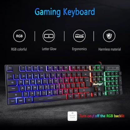 BlueFinger RGB Gaming Keyboard and Backlit Mouse Combo, USB Wired, LED Gaming Set for Laptop PC Computer Game and Work - color: Black