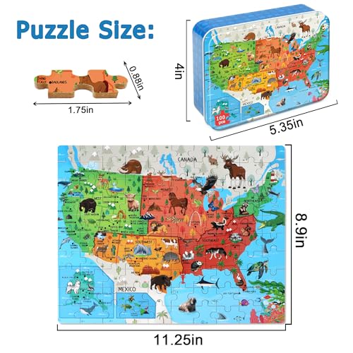 LELEMON Puzzles for Kids Ages 4-6,Animal Map 100 Piece Puzzles for Kids Ages 4-8 in a Metal Box, Educational Jigsaw Puzzles 100 Piece Puzzle Games Puzzle Toys for Girls and Boys - color: Animal Map