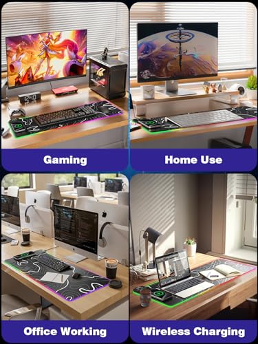 Wireless Charging RGB Gaming Mouse Pad, 31.5"x15.7" XXL Large Desk Mat | Desk Pad for Gamer, 9 Light Modes, Non-Slip Rubber Base, Waterproof Computer Keyboard Mat, Black and Topographic Line - color: Black-white Topographic Line