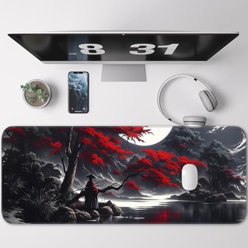 Japanese Dark Red Moon Gaming Mouse Pad, Extended Mouse Pad with Non-Slip Base, Full Keyboard Pad with Stitched Edges, Large Desk Pad for Gaming, Office, Home 31.5 x 11.8 Inch - color: Japanese style