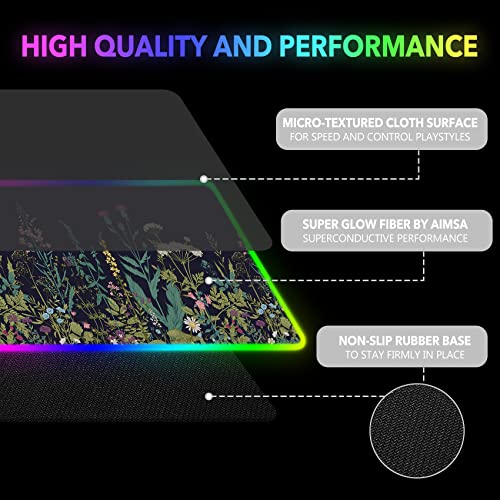 RGB Gaming Mouse Pad Large, AIMSA Keyboard Led Mousepad Extended 35.4 x 15.8 inch Non-Slip Rubber Base with 14 Lighting Modes, Big Desk Mat Waterproof, Flowers Plants - color: Flowers Plants
