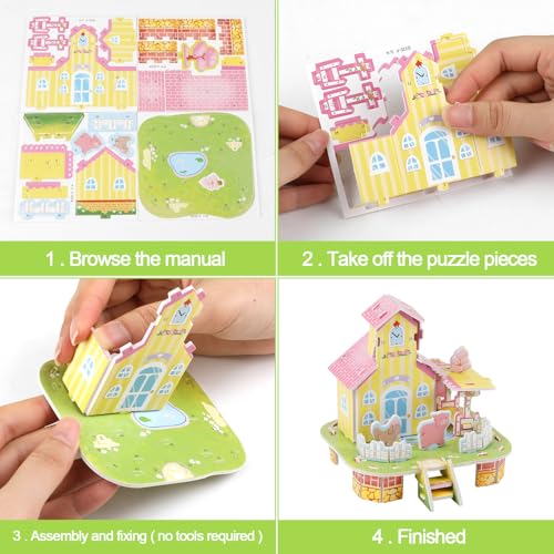 LOMIMOS 3D Cartoon Puzzles for Kids，6 House Building Kit Creative DIY Jigsaw Toys Paper Model for Art Crafts Birthday Party Favor Gifts. - style: House