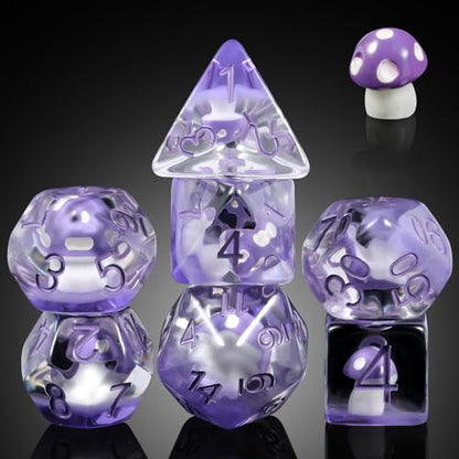 Mushroom Resin Dice Set D&D, DNDND 7PCS D&D Dice Set with Gift Velvet Bag for Dungeons and Dragons Role Playing Games and Tabletop Games（Purple Mushroom - color: Mushroom Purple