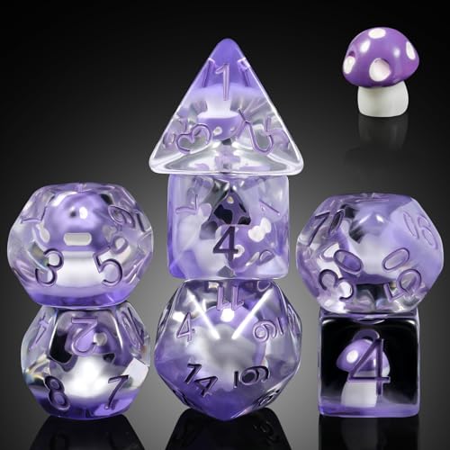 Mushroom Resin Dice Set D&D, DNDND 7PCS D&D Dice Set with Gift Velvet Bag for Dungeons and Dragons Role Playing Games and Tabletop Games（Purple Mushroom - color: Mushroom Purple
