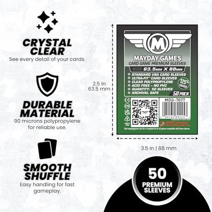 MayDay Games Premium Card Sleeves – 50 Count, Clear 90 Micron Thickness, Medium MTG Size (63.5 x 88 mm), Compatible with Magic: The Gathering & More – SKU: MDG-7077