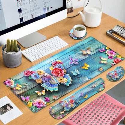 Large Gaming Mouse Pad+ Keyboard Wrist Rest Set, Ergonomics Memory Foam Mouse Mat Wrist Rest Support for Home Office, Waterproof Extended Mousepad 31.5x11.8in, Woodblock Flower Butterfly Desk Pad - color: Yvb-mousepad-9-f-151