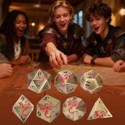 Metal Dice Set, Flat Face Design Dragon Pattern, 7pcs Polyhedral Metal DND Dice Set, DND Starter Set, D&D Gifts with Gift Box, Role Playing Board Games Accessories, Bronze - color: Bronze