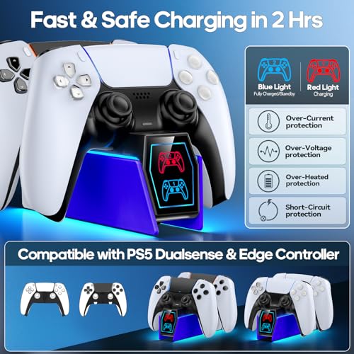 Controller Charger Station Compatible with Play 5 Faceplates Edge & Dual Controller, 9 Lightings P 5 Accessories Charging Station, P 5 Dock Stand with LED Indicator & On-Off Switch, Cobalt Blue for PlayStation Consoles - color: Cobalt Blue