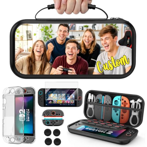 Custom Carrying Case for Nintendo Switch 2 (2025) with Photo Logo Name, Personalized Portable Hard Shell Pouch with Switch 2 Clear Cover, Screen Protector, Storage Bag for Console & Accessories, Black - size: Nintendo Switch 2