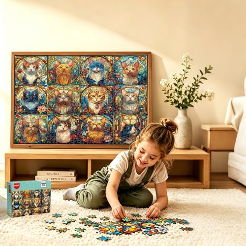 Stained Glass Cat Puzzles, 1000 Piece Puzzle for Adults, 20 x 27 in | Tight Piece Fit, 1:1 Reference Poster, Lettered Back, Minimal Puzzle Dust, Vibrant Colors, 2mm Extra-Thick Pieces - color: 1000 Pieces-stained Glass Cat