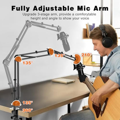 Microphone Boom Arm, Professional Desk Mic Stand with 1/4", 3/8", 5/8" Adapters, Heavy-Duty Clamp, Wide Compatibility for Yeti, AT2020, Podcasting, Streaming & Recording
