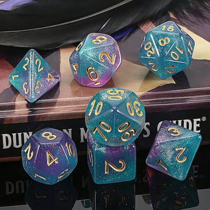 QMAY DND Dice Set -D&D Polyhedral Dice (7 Pcs) for Dungeons and Dragons (Purple Light Blue Glitter) - color: Purple Light Blue Glitter