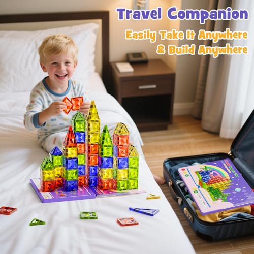 WMXDU Travel Magnetic Tiles Set: Tablet-Light, Group Play for Girls 3-8 | 60-Piece Travel Set, Keeps Girls Engaged in Group Play for 60+ Minutes in Cars/Planes Iron-Box Storage - style: 60pcs-Large