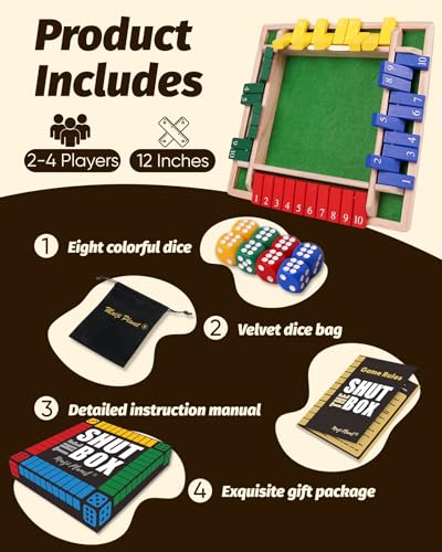 12" Upgraded Shut The Box Game Wooden Math Dice Board Game 2-4 Players | Table Games for Family Night Classroom Travel, Gifts for Group Kid Adult Senior, Camp Party Bar, Easy Quick and Fun - size: 12in