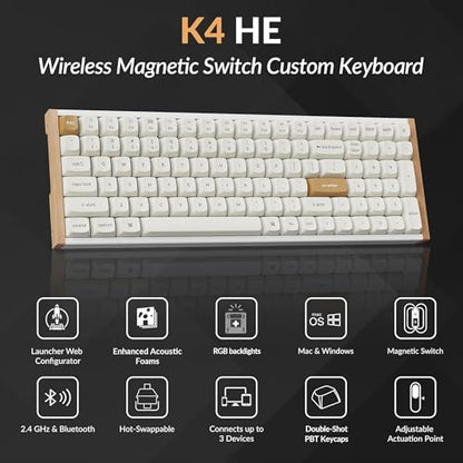 Keychron K4 HE 96% Wireless Hall Effect Keyboard with Number Pad, Rapid Trigger Magnetic Switches, QMK Launcher, 2.4GHz/Bluetooth/Wired, Mac & Windows, Wood Accent Frame, White (Non-Shine-Through) - color: Special Edition White