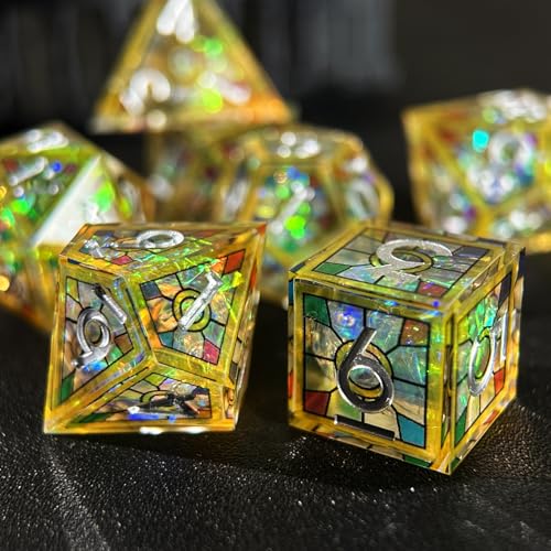 HAOMEJA Double Layered Resin Dice Set 7pcs/ Stained Glass Effect & Gold Numbers/Sharp Edged Polyhedral Dice/Apply to D&D/DND/Role Playing Game/RPG/Party Gift (Yellow Sky) - color: 1 Yellow Sky