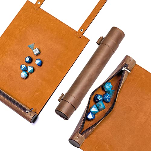 Cusdie 2 in 1 Dice Rolling Mat & Zippered Dice Holder Dice Tray- Compatible with DND Polyhedral Dice (Brown) - color: Brown