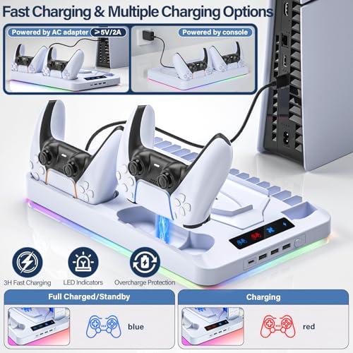 PS5/PS5 Slim Cooling Station, PS 5 Stand with Controller Charger for Playstation 5 Disc Console& Digital Console, for Playstation 5 Cooling Fan Accessories, LED,USB Hubs,Headset Holder,Games Slot