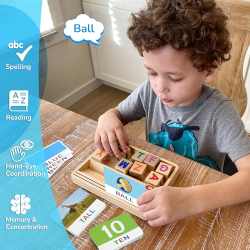 BenBen Spelling Games with Flash Cards, 112 Words, Montessori Toys for 3 4 5 6 Years Old Kids, Wooden Matching Letters Games, CVC Word Educational Learning Toys, Gift for Preschool Kindergarten - style: Matching & Spelling Game with Flash Cards