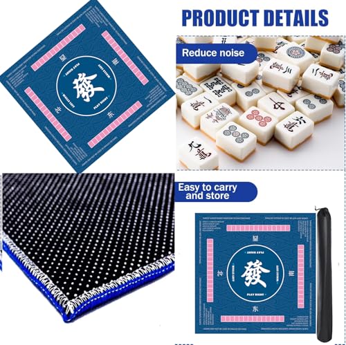Mahjong Mat for Table Anti Slip Noise Reduction Table Cover for Poker, Card, Board & Tile Games 31.5 x 31.5 Inches (Blue) with 3 Dice & Carrying Bag (Mat Only)