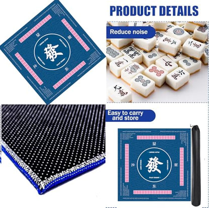 Mahjong Mat for Table Anti Slip Noise Reduction Table Cover for Poker, Card, Board & Tile Games 31.5 x 31.5 Inches (Blue) with 3 Dice & Carrying Bag (Mat Only)