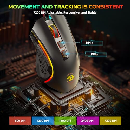 Redragon M602 Gaming Mouse, Ergonomic RGB Gaming Mouse Wired with 7200 Adjustable DPI, 9 Programmable Buttons, Professional Software for Gamer Office [Black] - color: M602