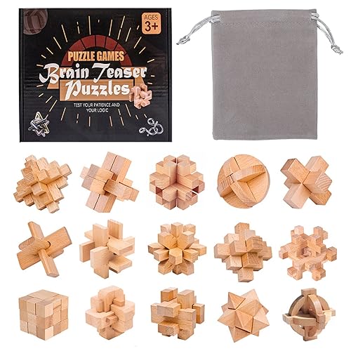 VolksRose 15pcs Wooden Brain Teaser Puzzles, IQ Challenge Puzzle Games, Logic Mind Puzzle Box Lock Toy Disentanglement 3D Small Brain Puzzle Gift Set for Adults Teenagers Kids, 1.8inch 4.5cm - color: C-15pcs-4.5cm