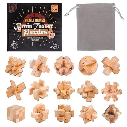 VolksRose 15pcs Wooden Brain Teaser Puzzles, IQ Challenge Puzzle Games, Logic Mind Puzzle Box Lock Toy Disentanglement 3D Small Brain Puzzle Gift Set for Adults Teenagers Kids, 1.8inch 4.5cm - color: C-15pcs-4.5cm