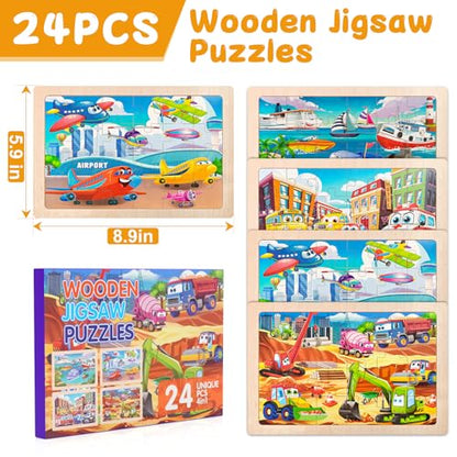 4 Pack Wooden Vehicle Jigsaw Puzzles for Kids Ages 2-4 Toddler Puzzles Gift | Sensory Toys, Preschool Educational Toys, Toddler Puzzles Gift for 3 4 5 Year Old Boys Girls - color: Vehicles