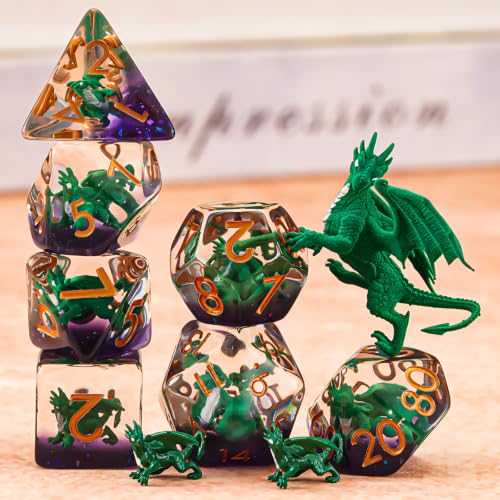 Resin D&D Dice Set, Dragon Polyhedral Dice for Dungeons and Dragons, RPG, MTG DND 7-DIE (D4, D6, D8, D10, D12, D20, D%) for Ages 15 and Up - color: Green Dragon