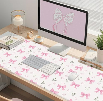 Baziabbo Pink Desk Mat,XXL Extended Big Mouse Pad,Gaming Mousepad with Stitched Edge,Non-Slip Rubber Base Keyboard Desk Pad for Home Office Study Game - color: Bowknot