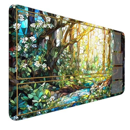 MTG MATS, 24" x 14" TCG DND Playmats Stitched Edges for Trading Card Smooth Rubber Surface Anti-Slip Mouse Pad with Storage Bag Thickened 3mm for Magic Playmat Gaming Mat - color: Stained Glass Forest, size: Playmat With Zones