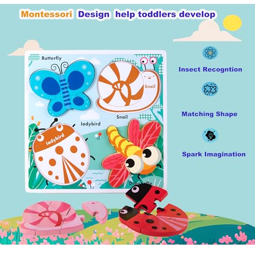Wooden Chunky Jigsaw Puzzles for 18-24 Months Baby Toddlers Girls Boys Jumbo Base Puzzle Ages1-3 Popular Gifts for Toddler 1+ Year Old - color: Insect